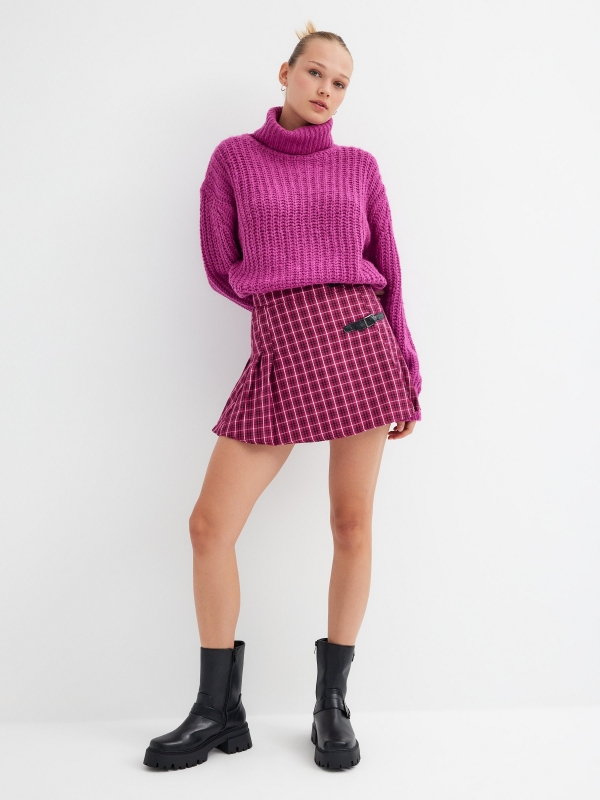 Roll neck knit jumper fuchsia front view