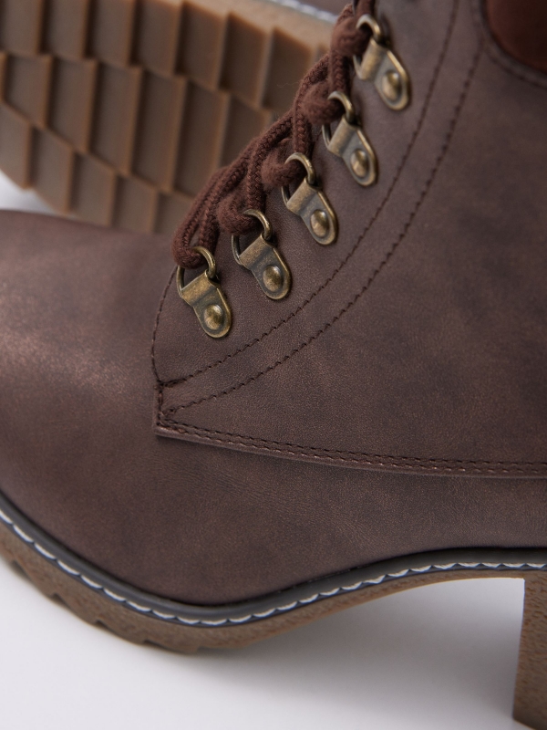 Brown lace-up leather effect ankle boots dark brown detail view