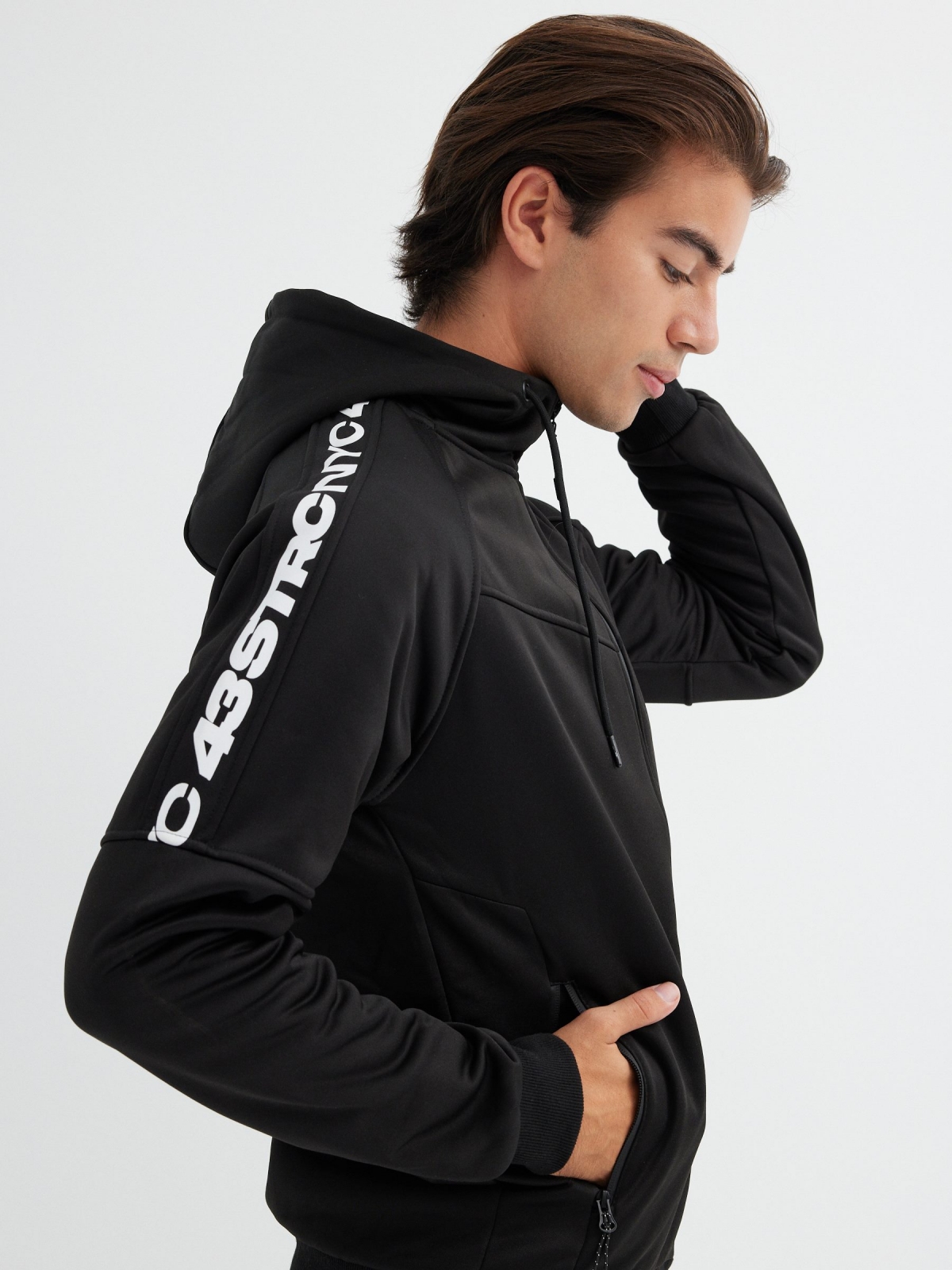 Zip-up hoodie with text black detail view