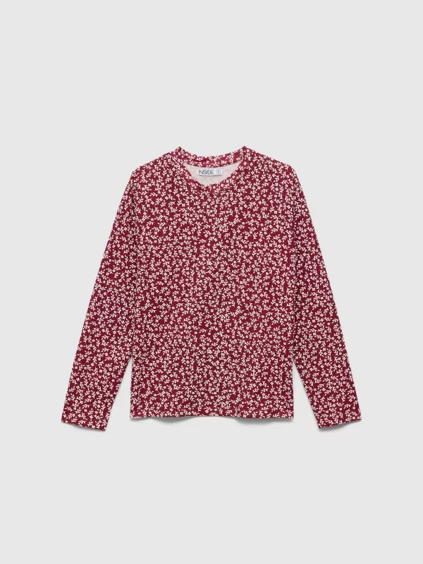  Long sleeve flowing maroon floral t-shirt garnet front view