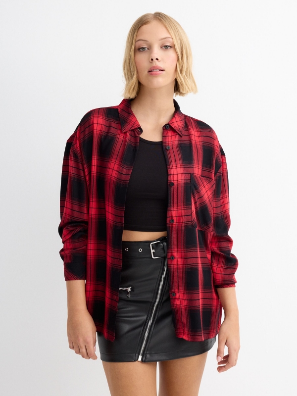 Checkered shirt with oversized pocket red middle front view