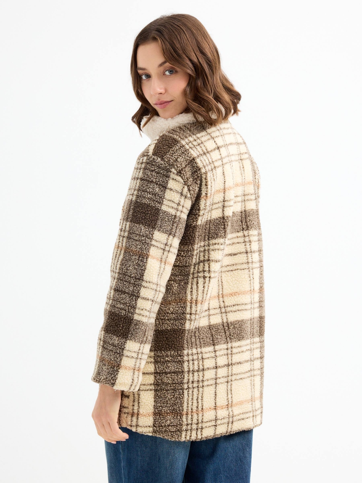 Fleece jacket plaid sand middle back view