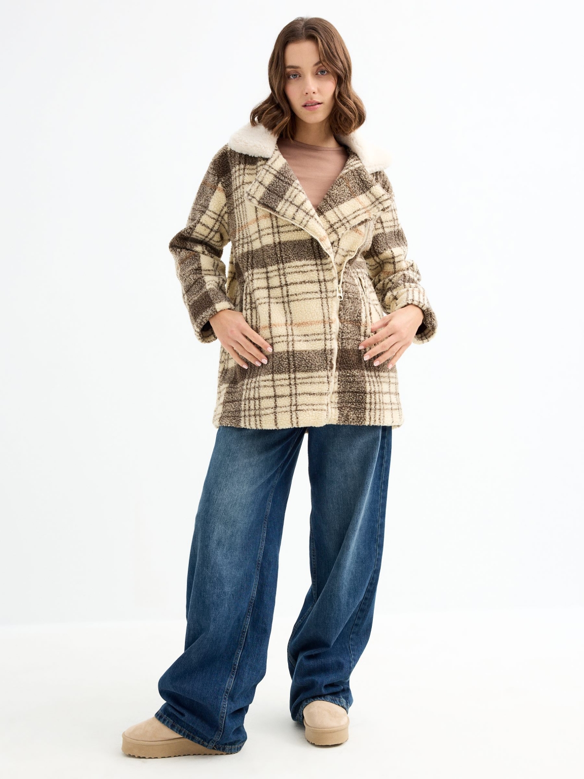 Fleece jacket plaid sand general front view