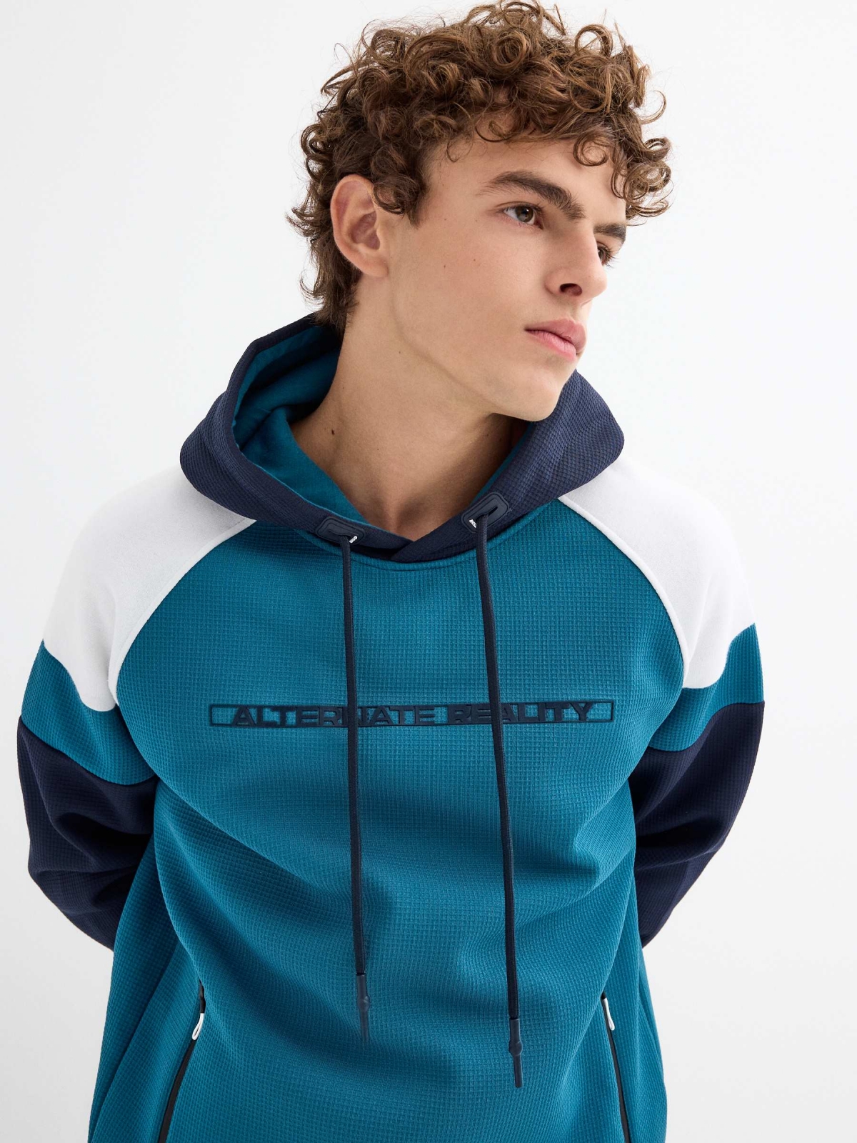 Color block text hoodie blue detail view