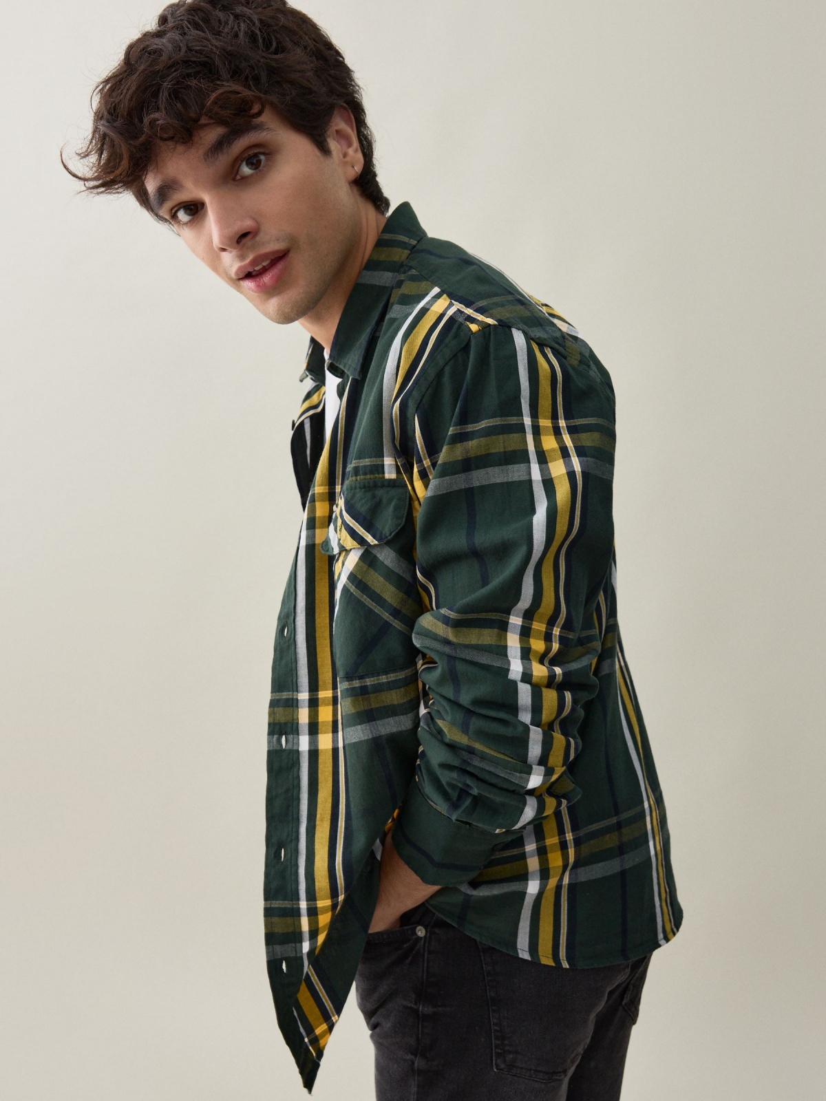 %New% Camisa verde estampa xadrez verde escuro