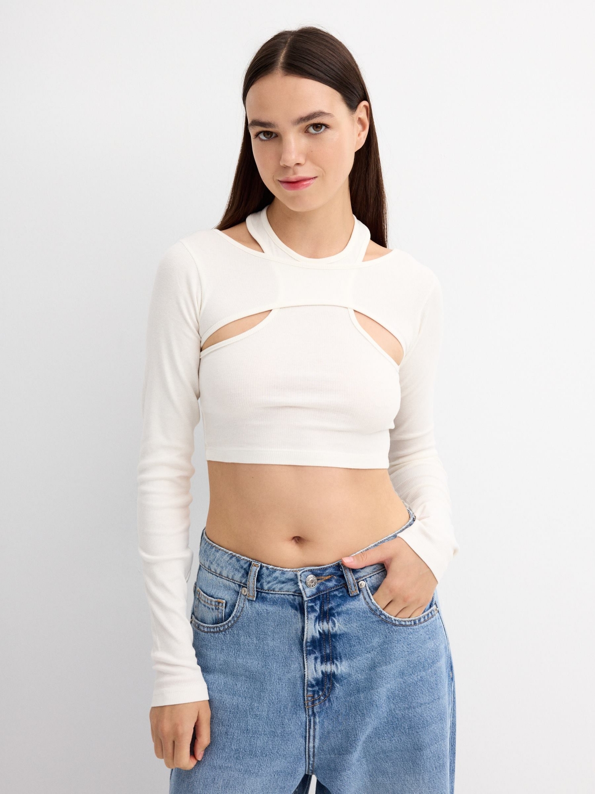 Ribbed cut out t-shirt off white middle front view