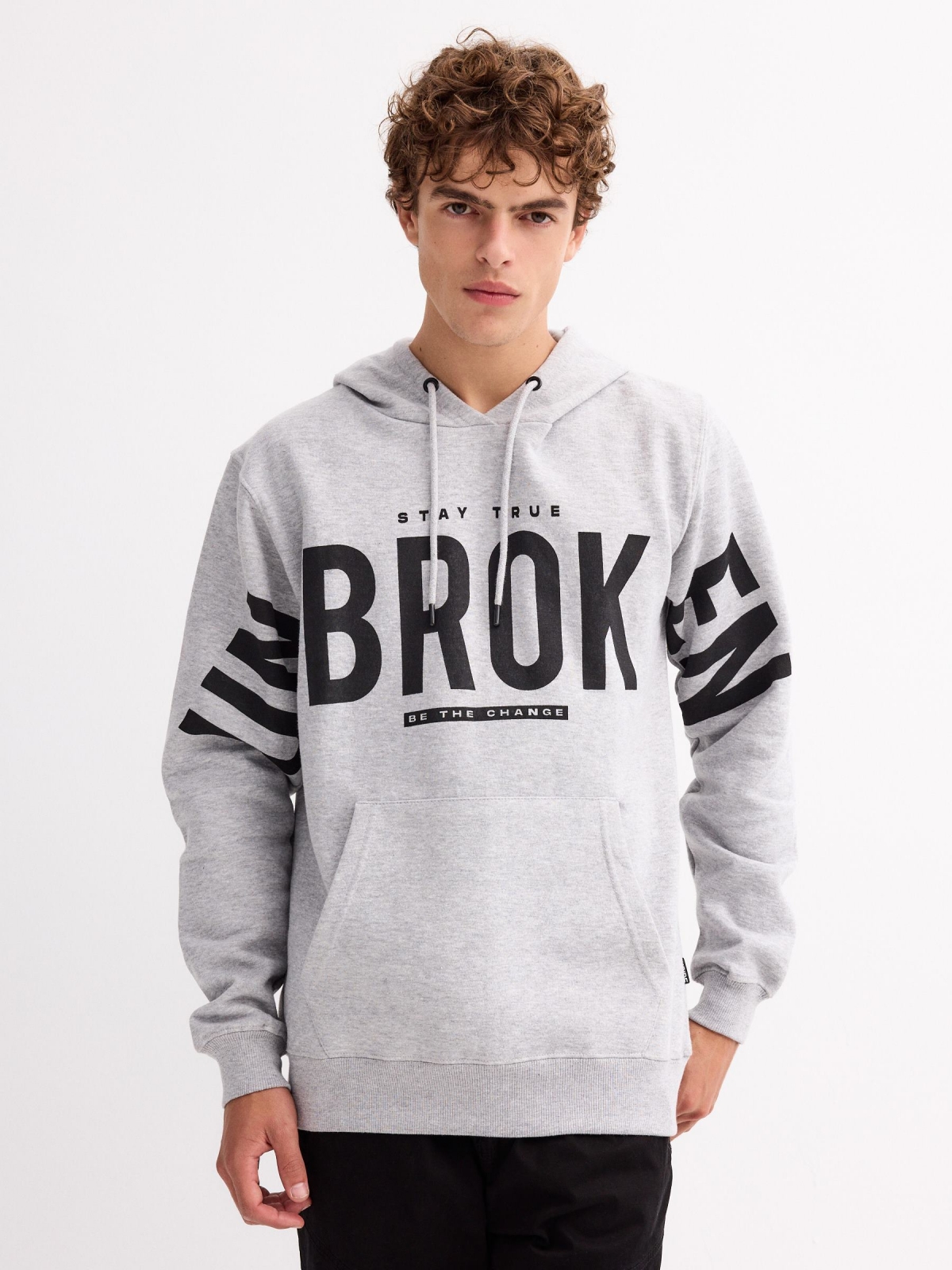 Printed gray hoodie cinza vista meia frontal