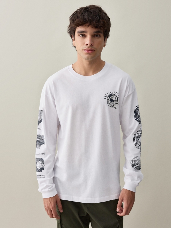 Illustrated long sleeve t-shirt white middle front view