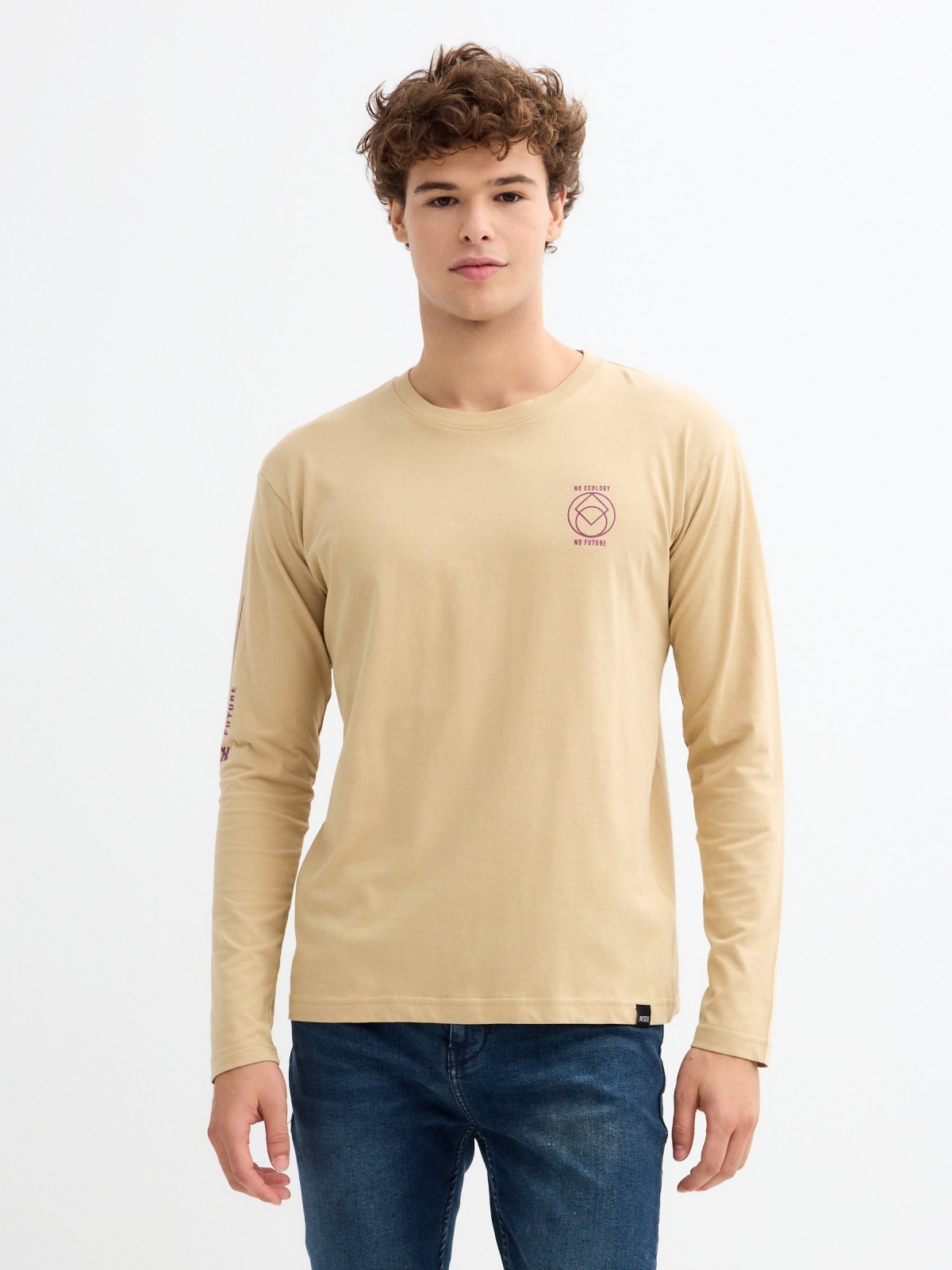 Minimalist printed T-shirt sand middle front view