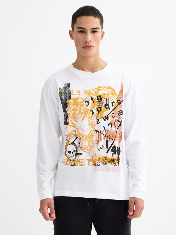 Combined print long sleeve t-shirt white middle front view