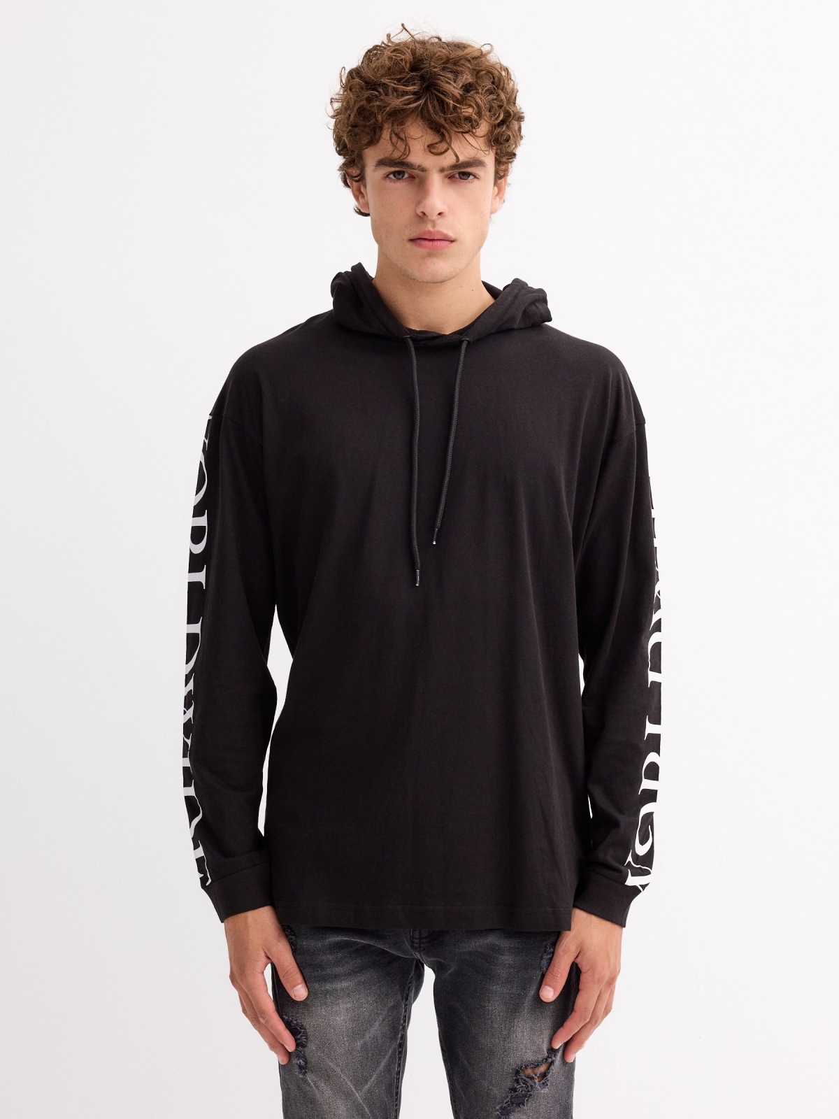 Long-sleeve t-shirt with hood black middle front view