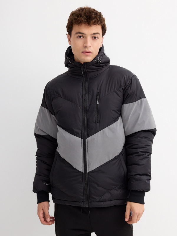 Quilted jacket with hood black middle front view