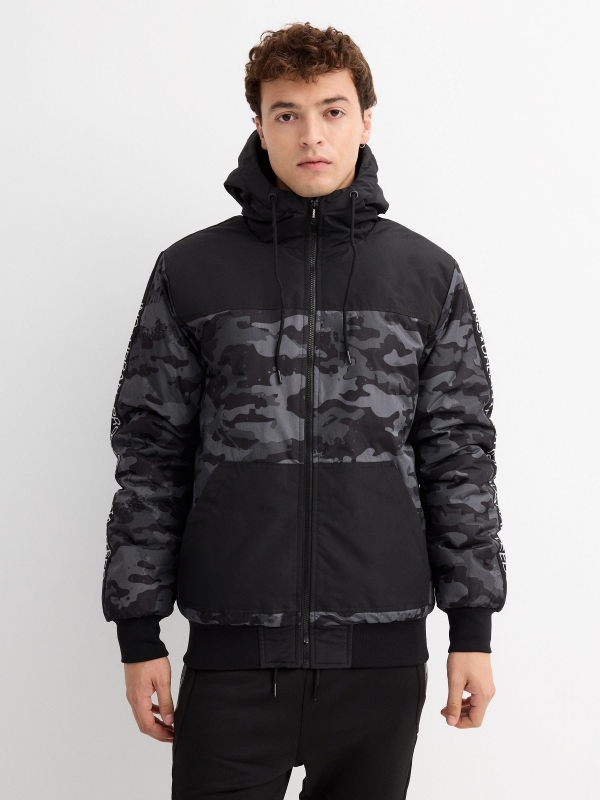 Camouflage print hooded jacket black middle front view