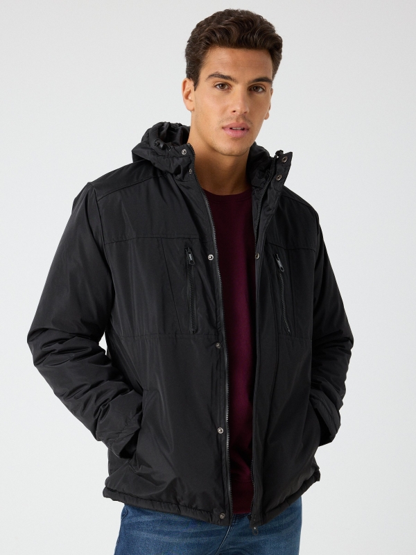 Hooded black parka black middle front view