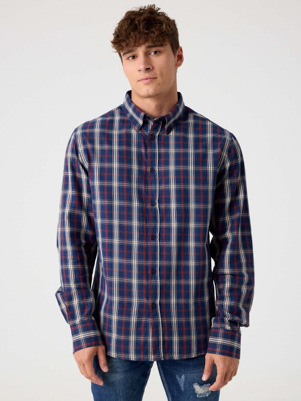 Blue checked print shirt navy middle front view