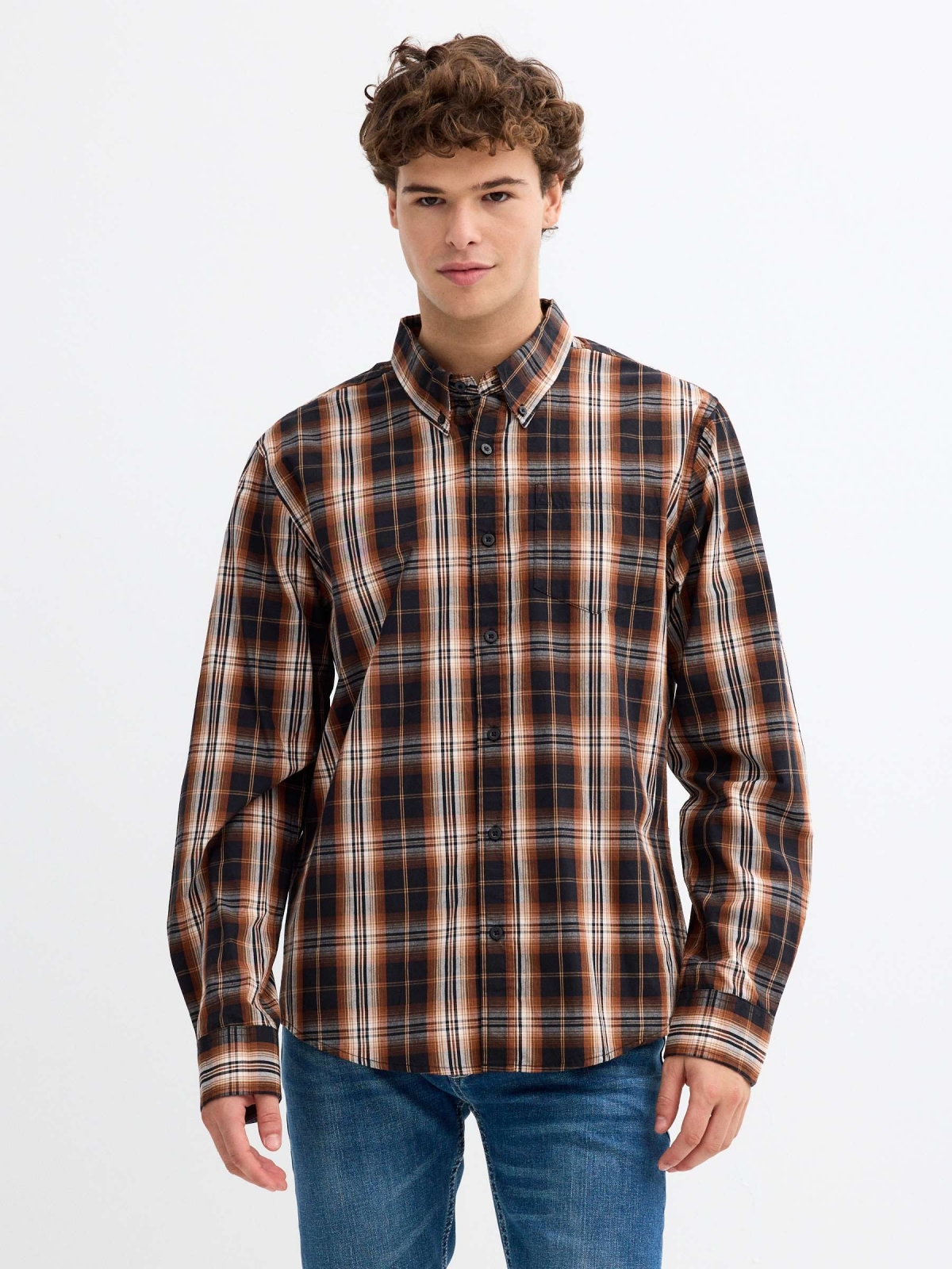 Plaid shirt brown middle front view