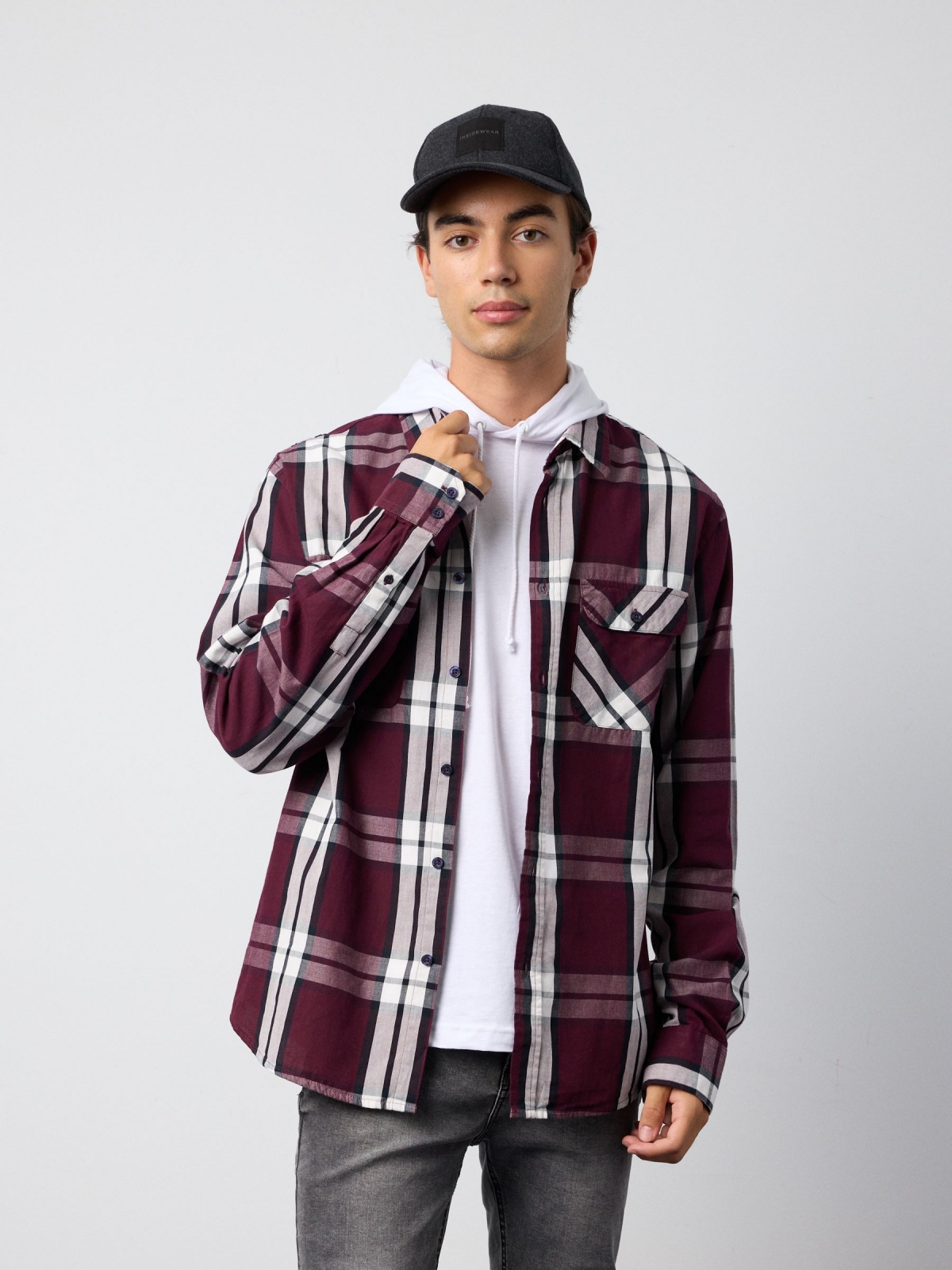 Checked shirt with flap pockets garnet middle front view