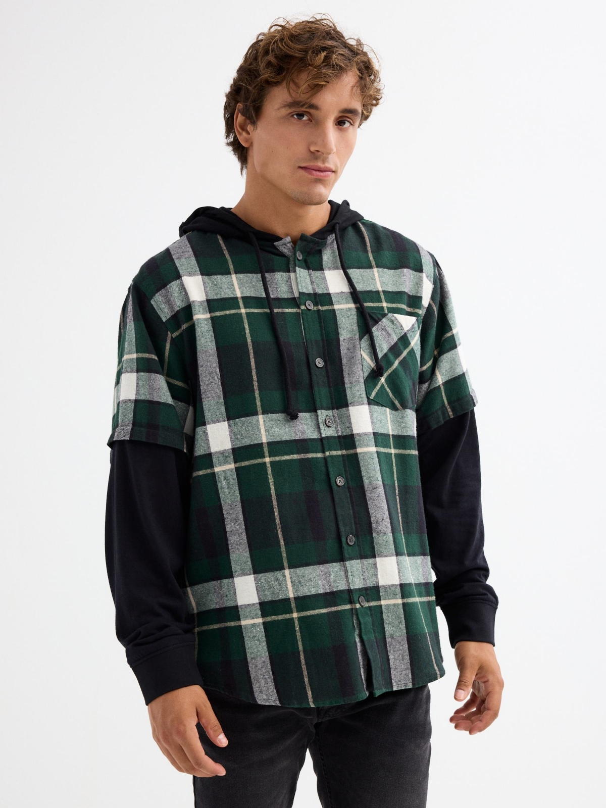 Combined checked shirt dark green middle front view