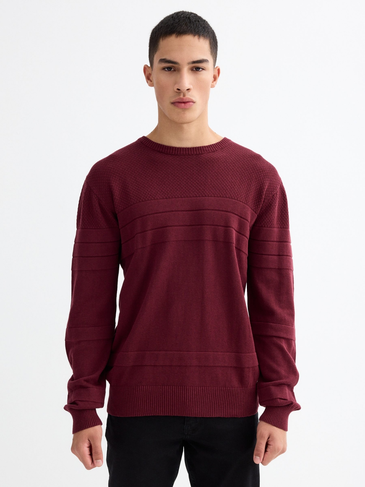 Basic striped texture sweater garnet middle front view