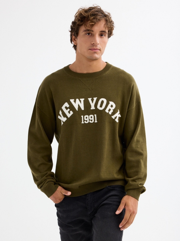 Text knit sweater dark green middle front view