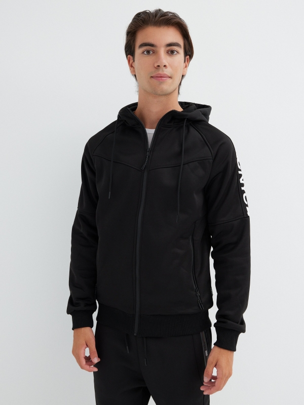 Zip-up hoodie with text black middle front view