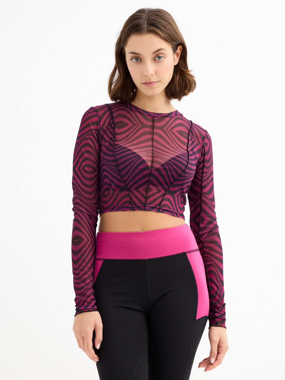 Psychedelic print tulle t-shirt fuchsia middle front view