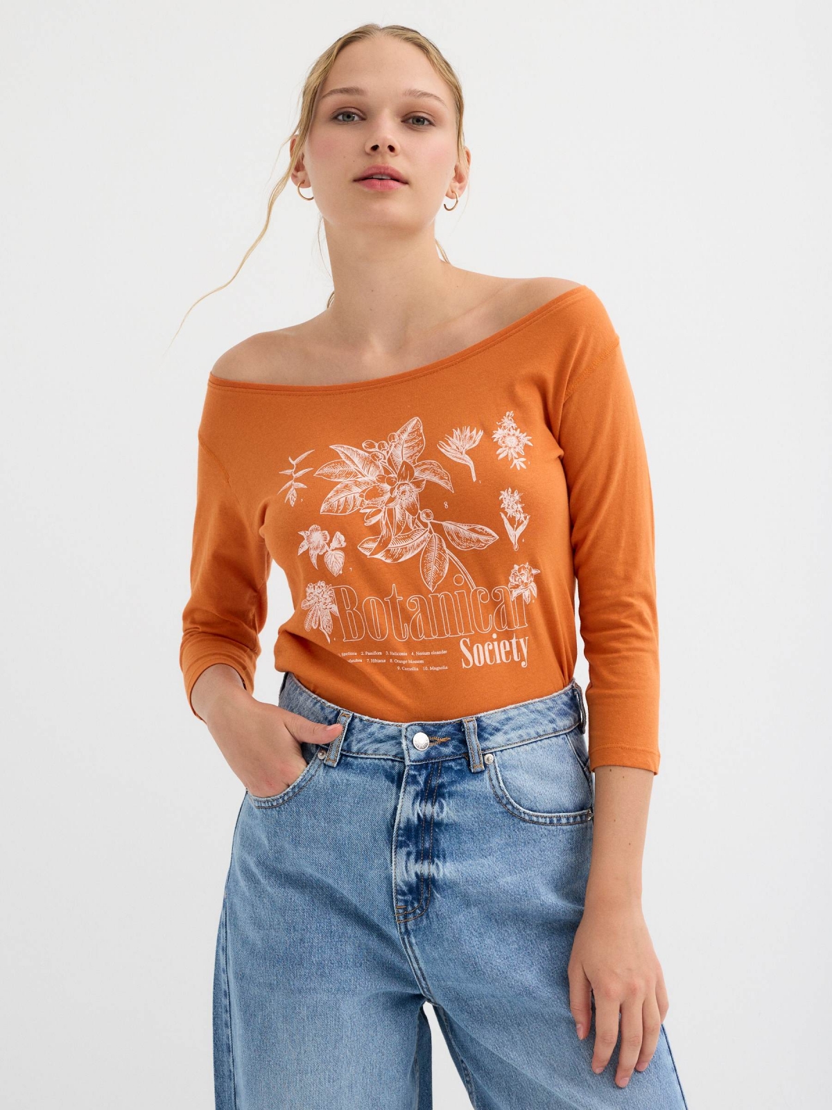 Floral print 3/4 sleeve t-shirt orange middle front view