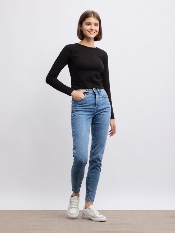 High waist skinny jeans with five pockets steel blue front view