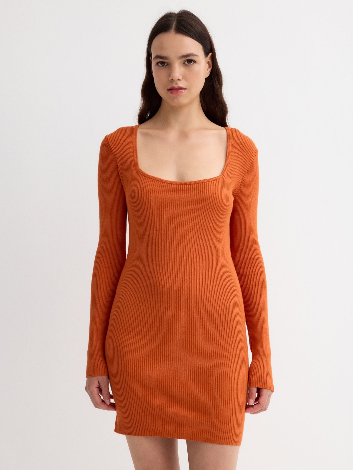 Square neck mini dress orange three-quarter front view