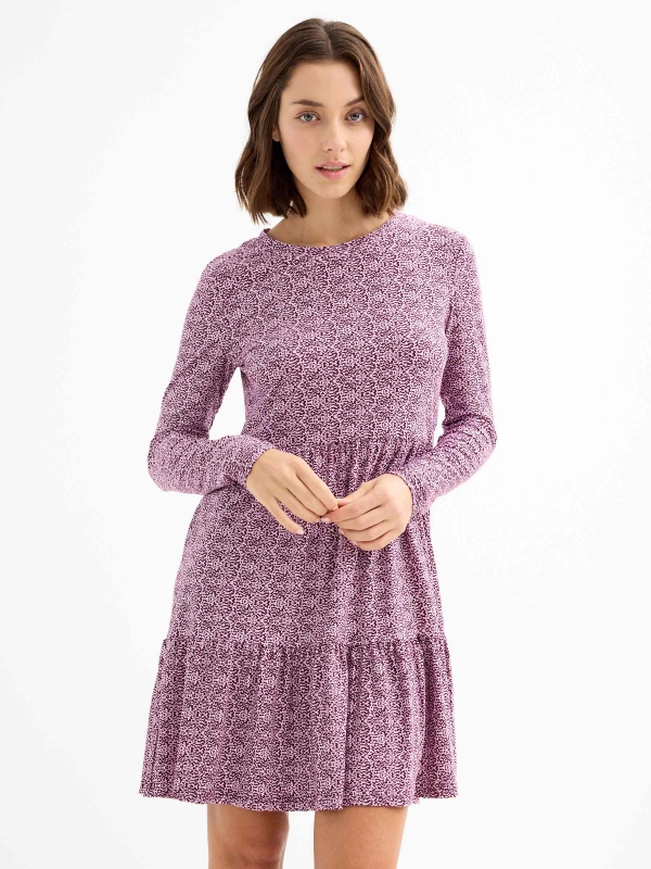 Printed dress with ruffle lilac three-quarter front view