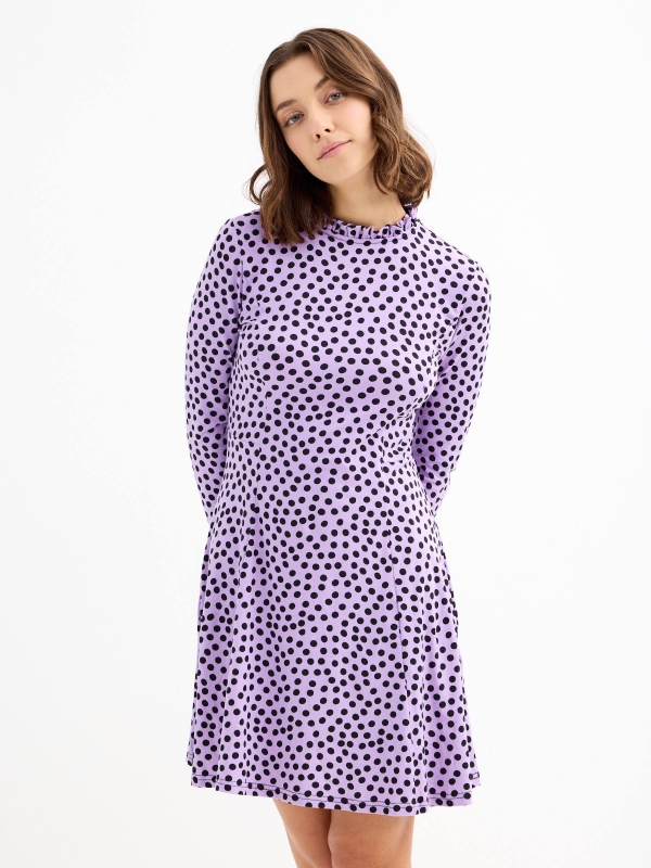 Perkins neck polka dot print dress lilac three-quarter front view