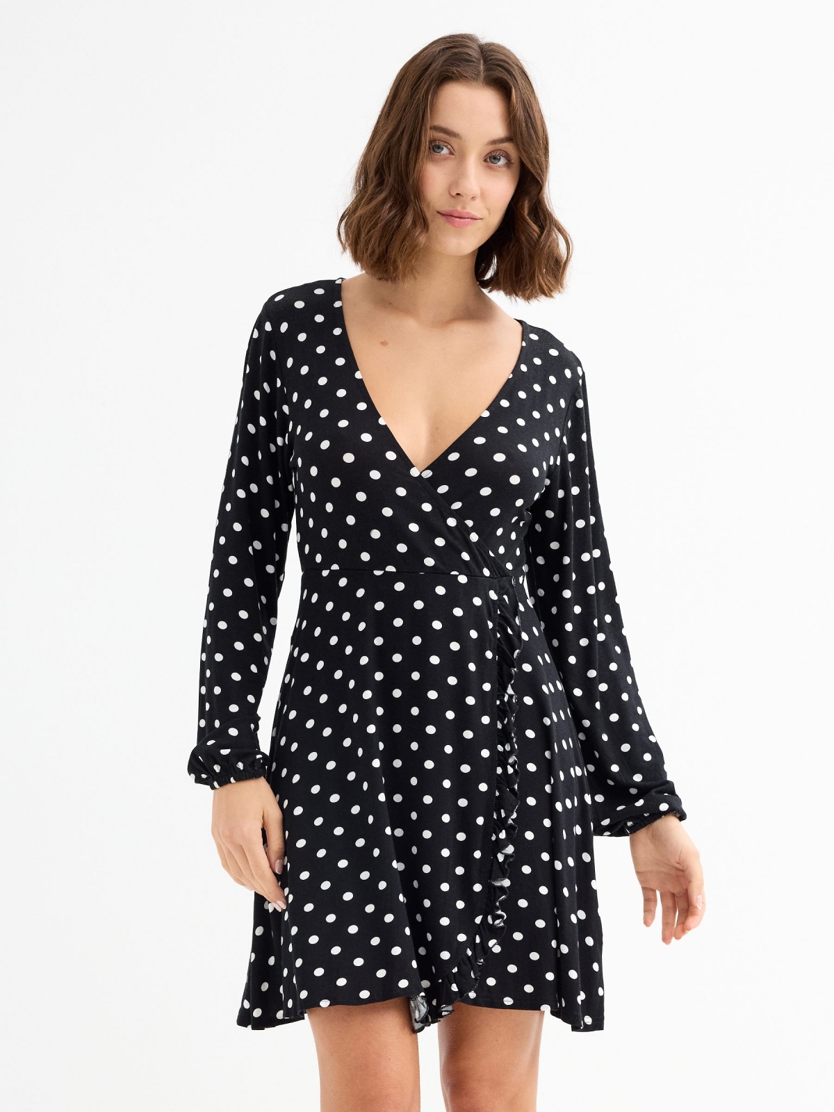 Polka dot print V-neck dress black three-quarter front view