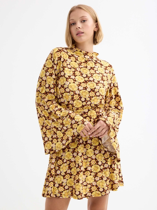 Flare sleeve floral dress brown three-quarter front view