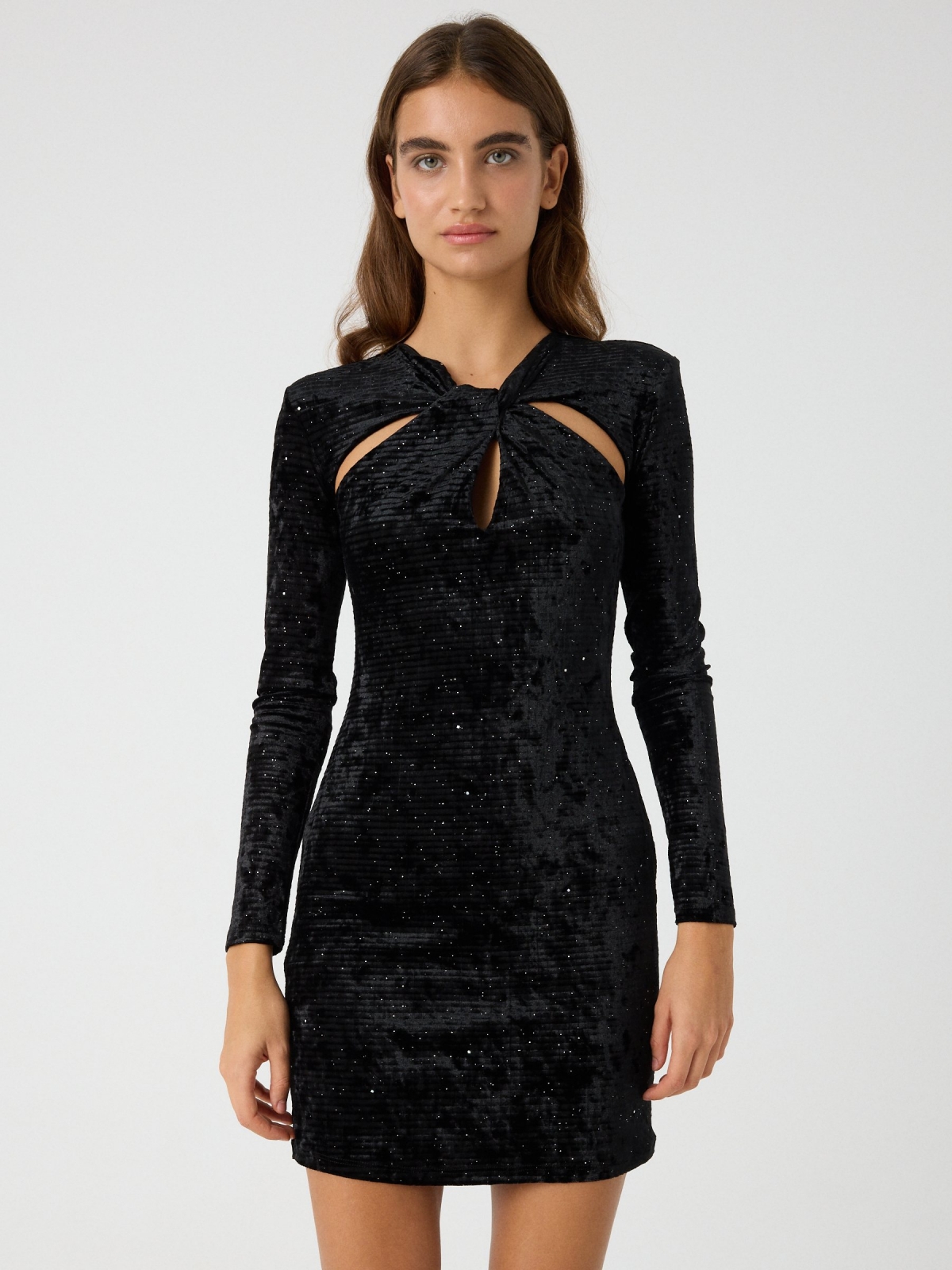 Shiny cut out velvet dress black middle front view