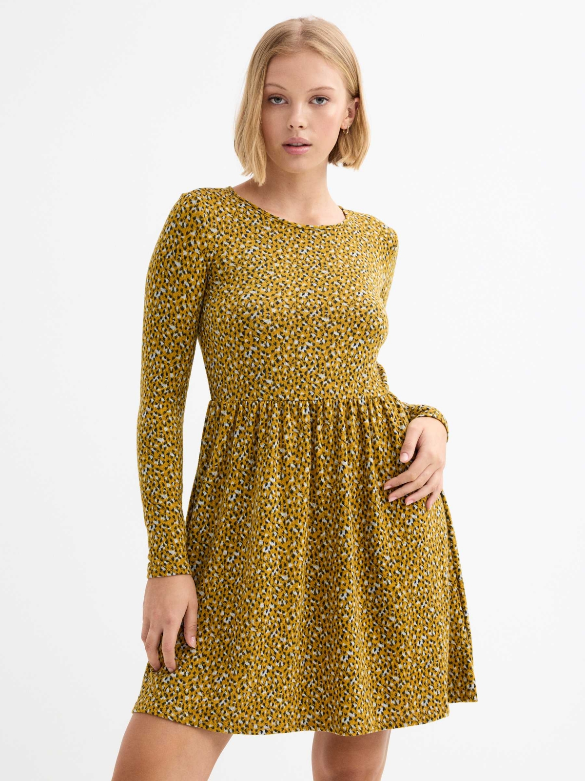 Flared animal print dress mustard three-quarter front view