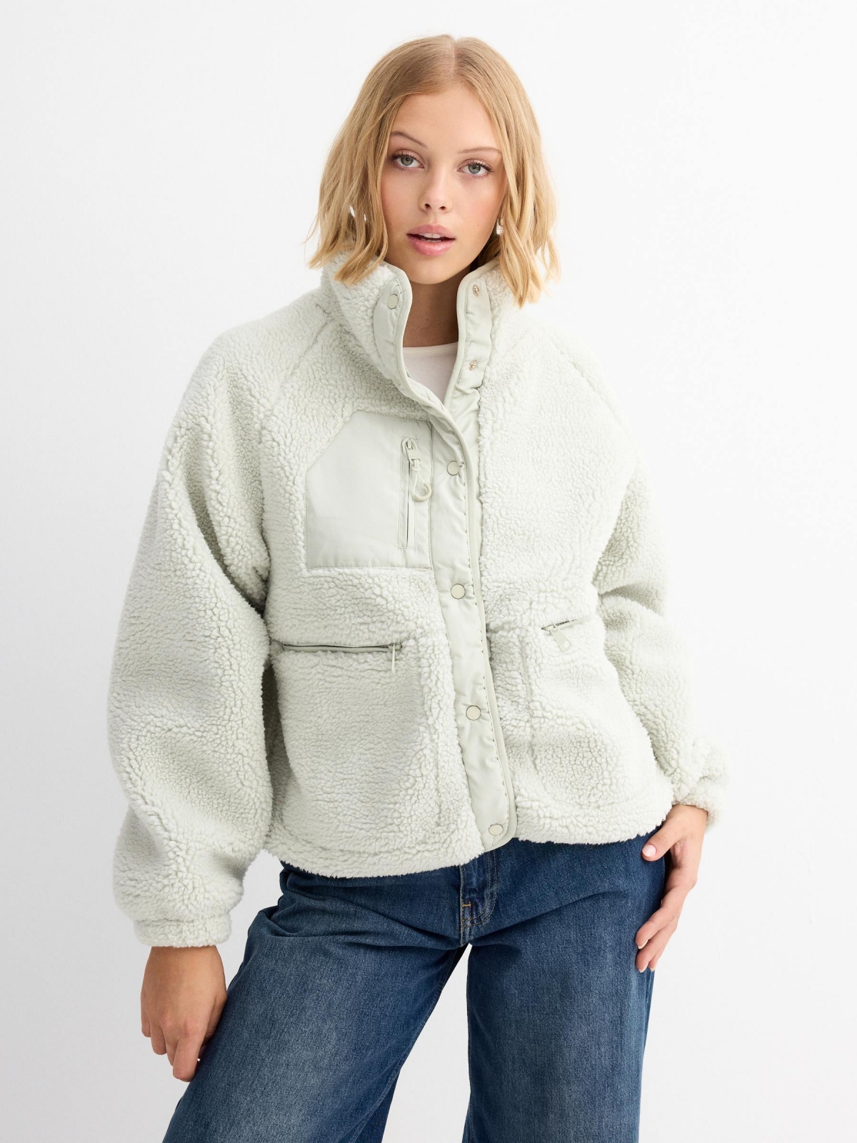 Sheepskin jacket light green middle front view