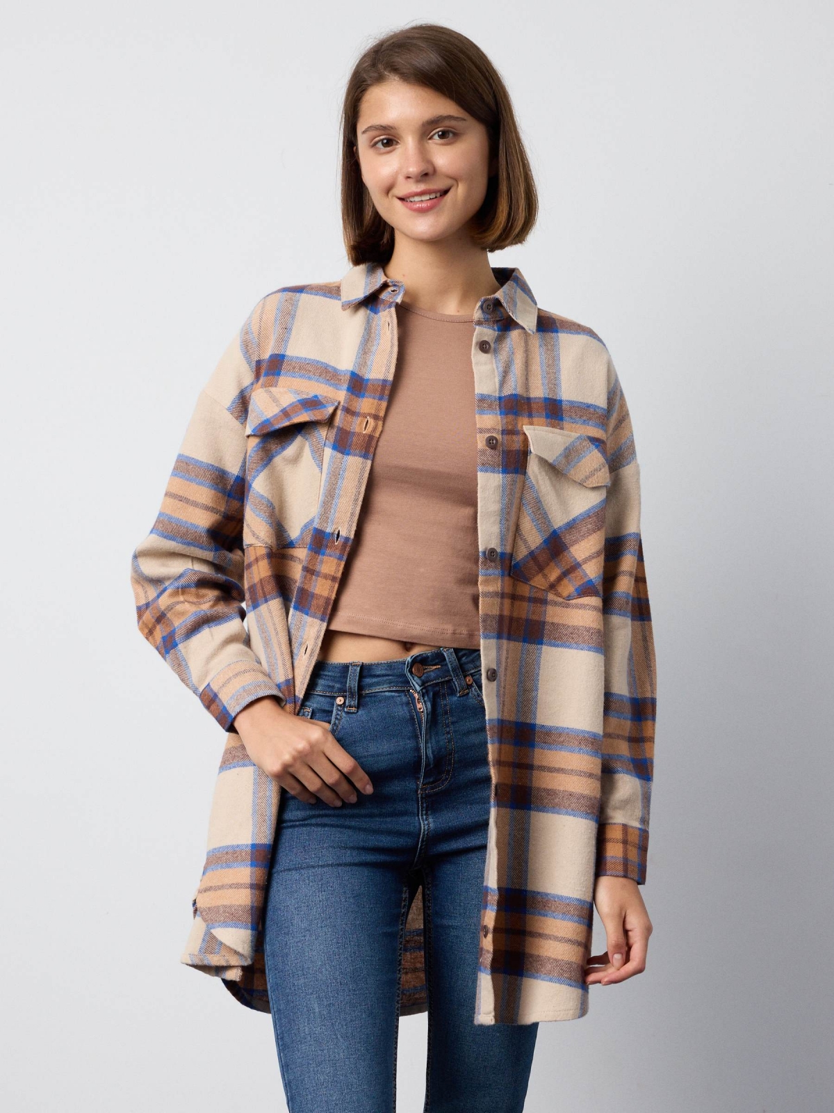 Camel and blue plaid overshirt beige middle front view