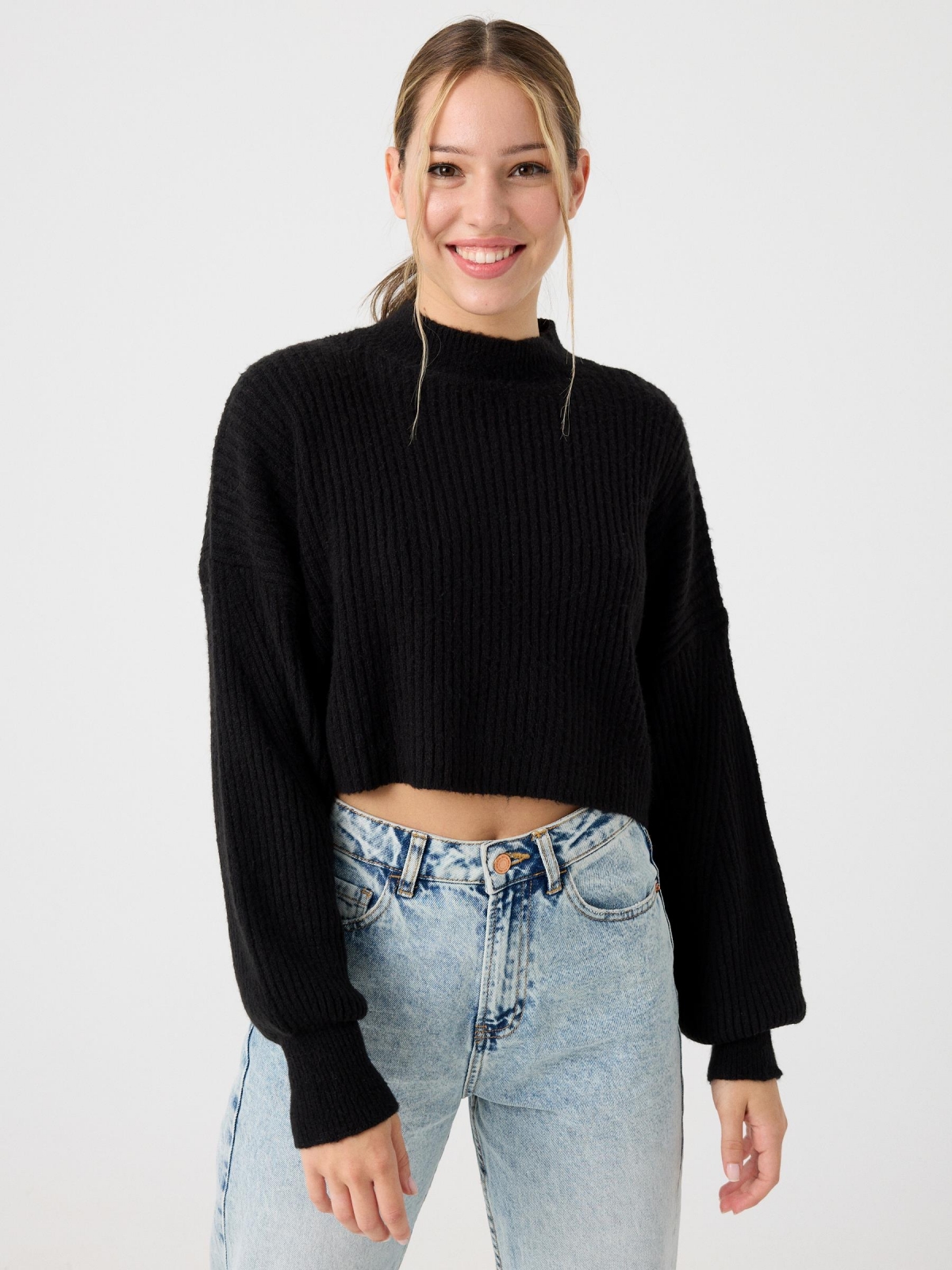 Perkins neck ribbed jumper black middle front view