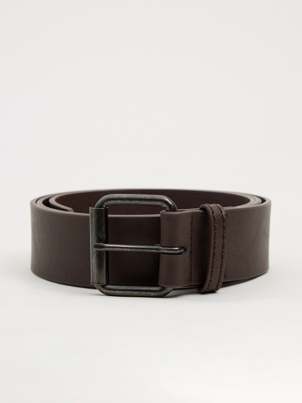 Brown square buckle belt dark brown rolled view