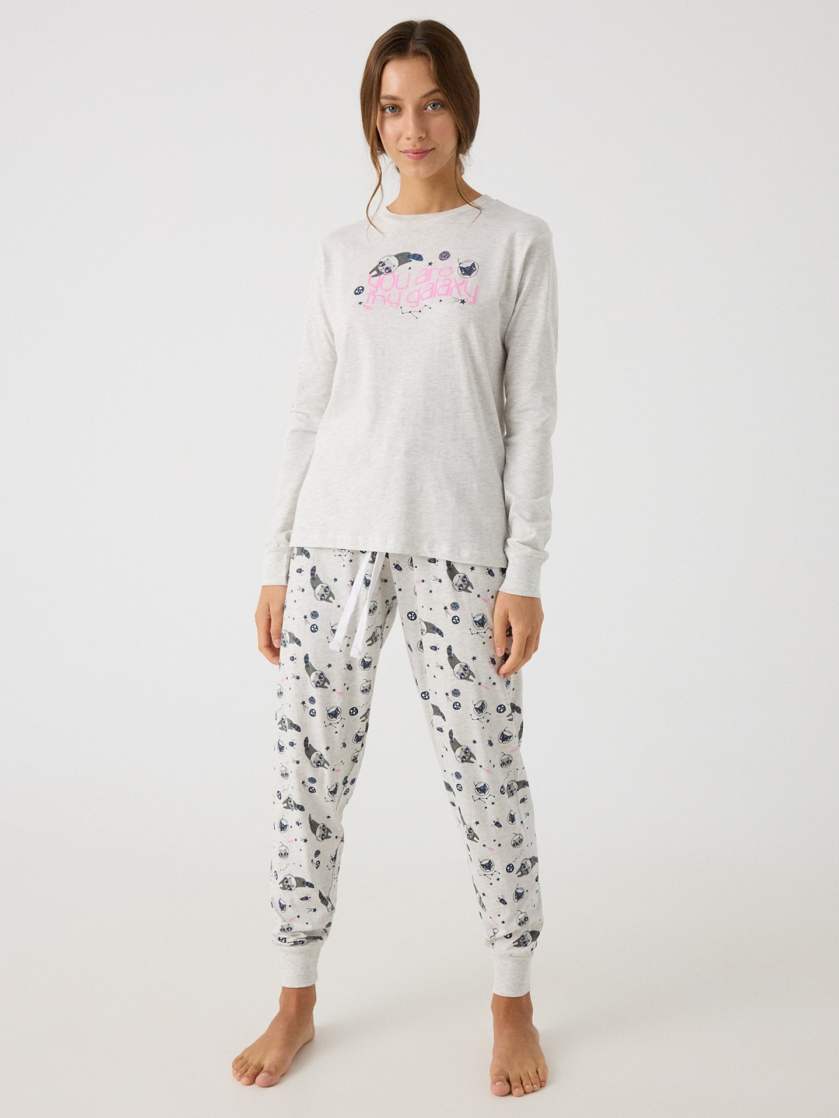 Raccoons print pajamas melange grey middle front view