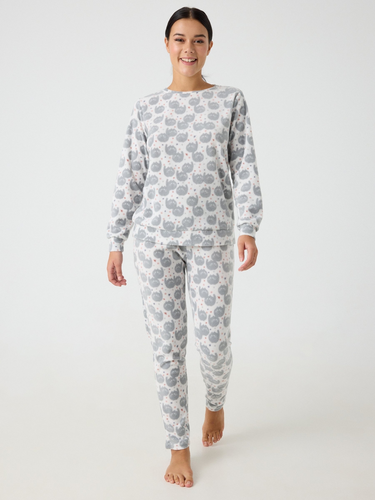 Printed fleece pajamas white middle front view