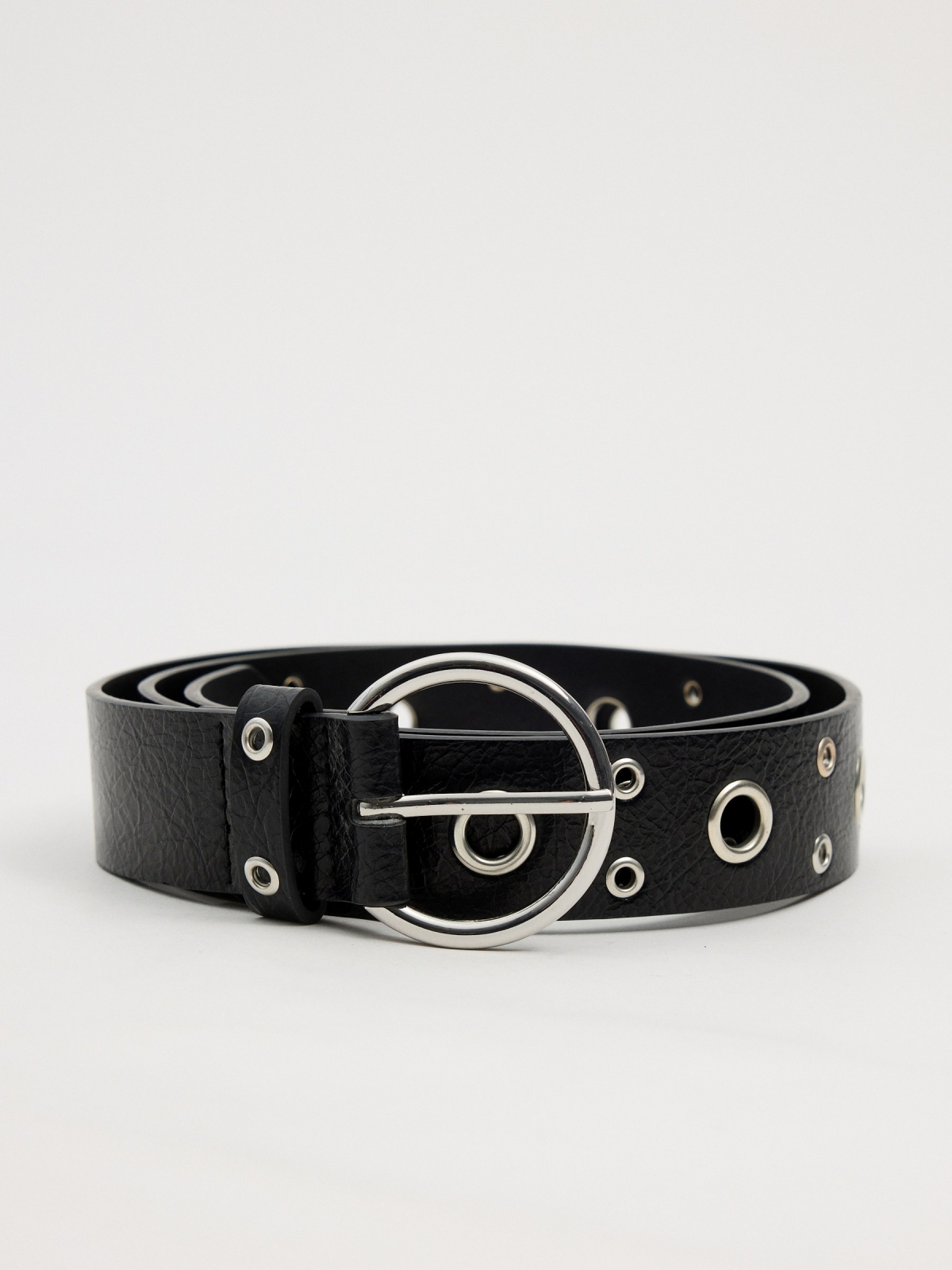 Silver eyelets belt black rolled view