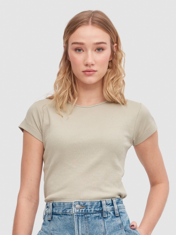 Basic rib t-shirt greyish green middle front view