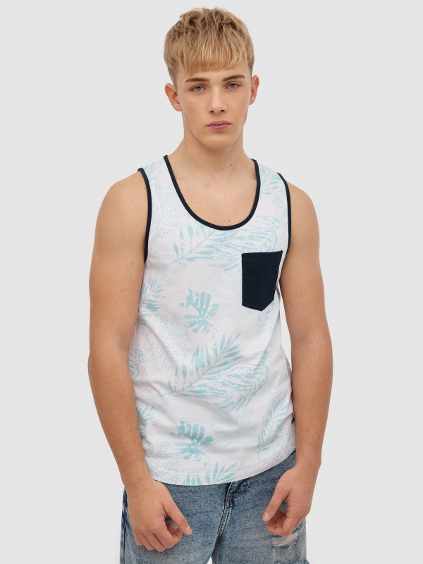 Tropical tank top with pocket white middle front view