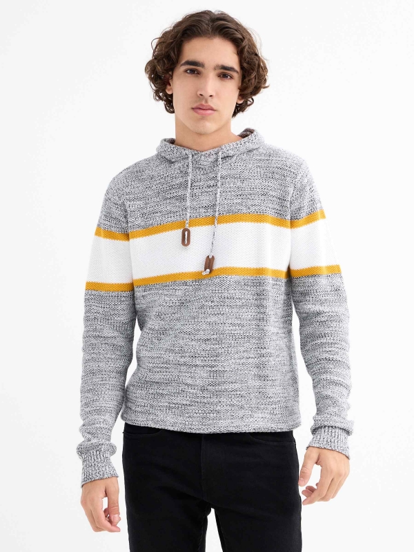 Striped sweater with hood light grey middle front view