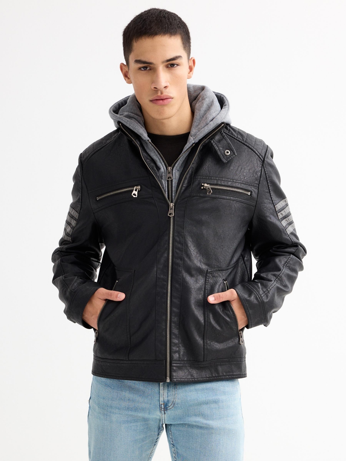 Black multi-pocket leather-effect biker jacket, black