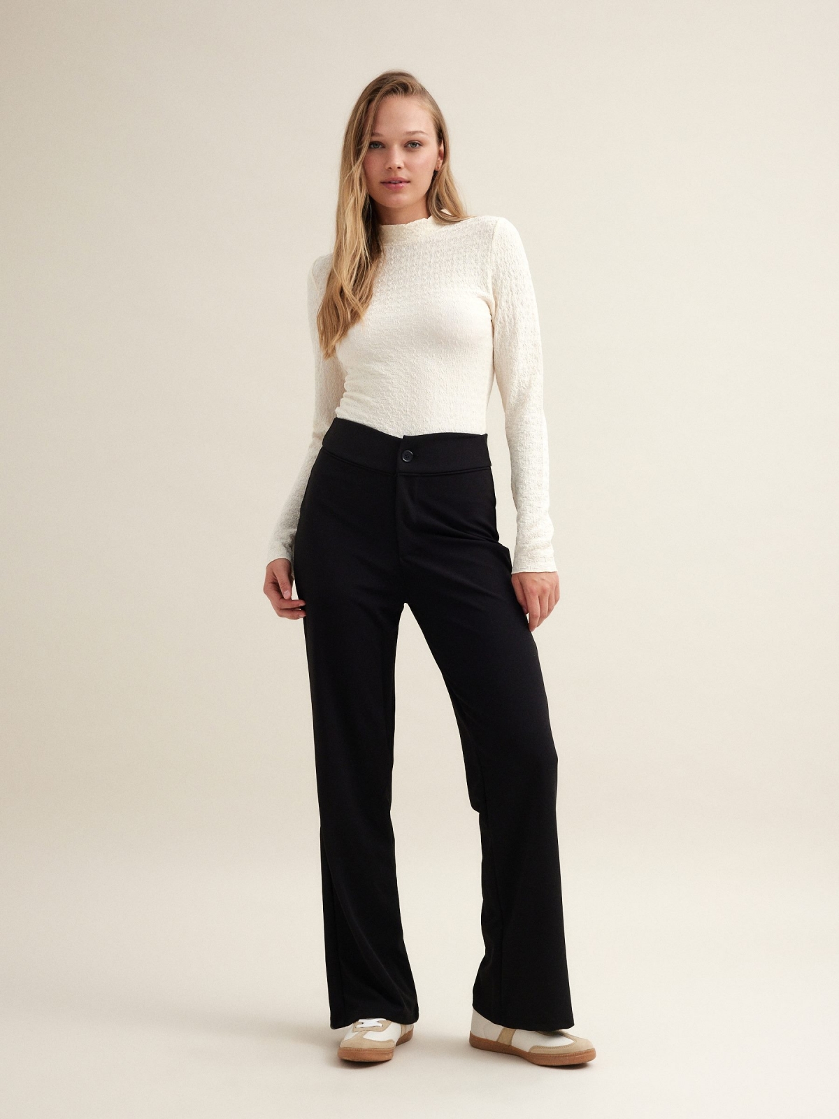 Stretch wide leg trousers black front view