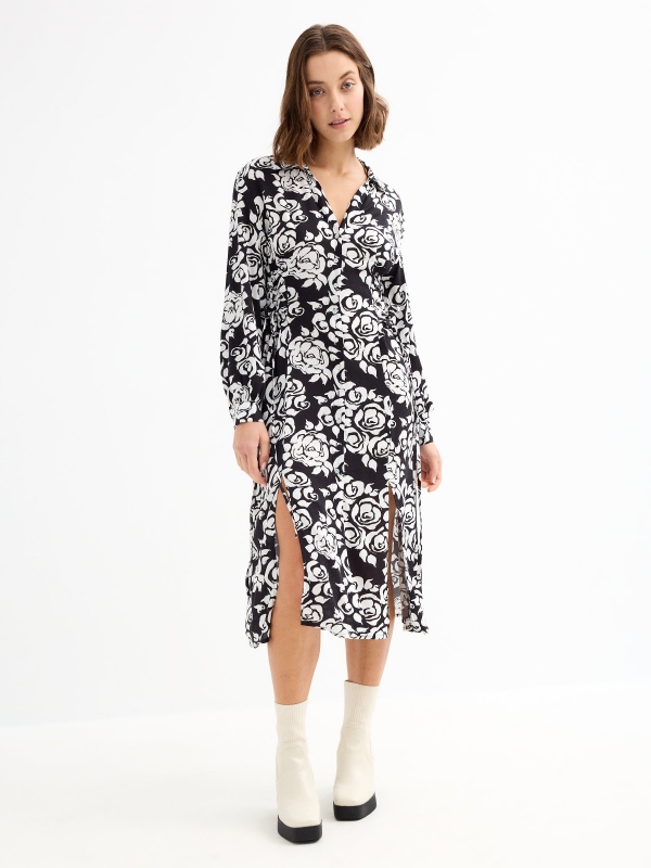 Midi shirt dress black three-quarter front view