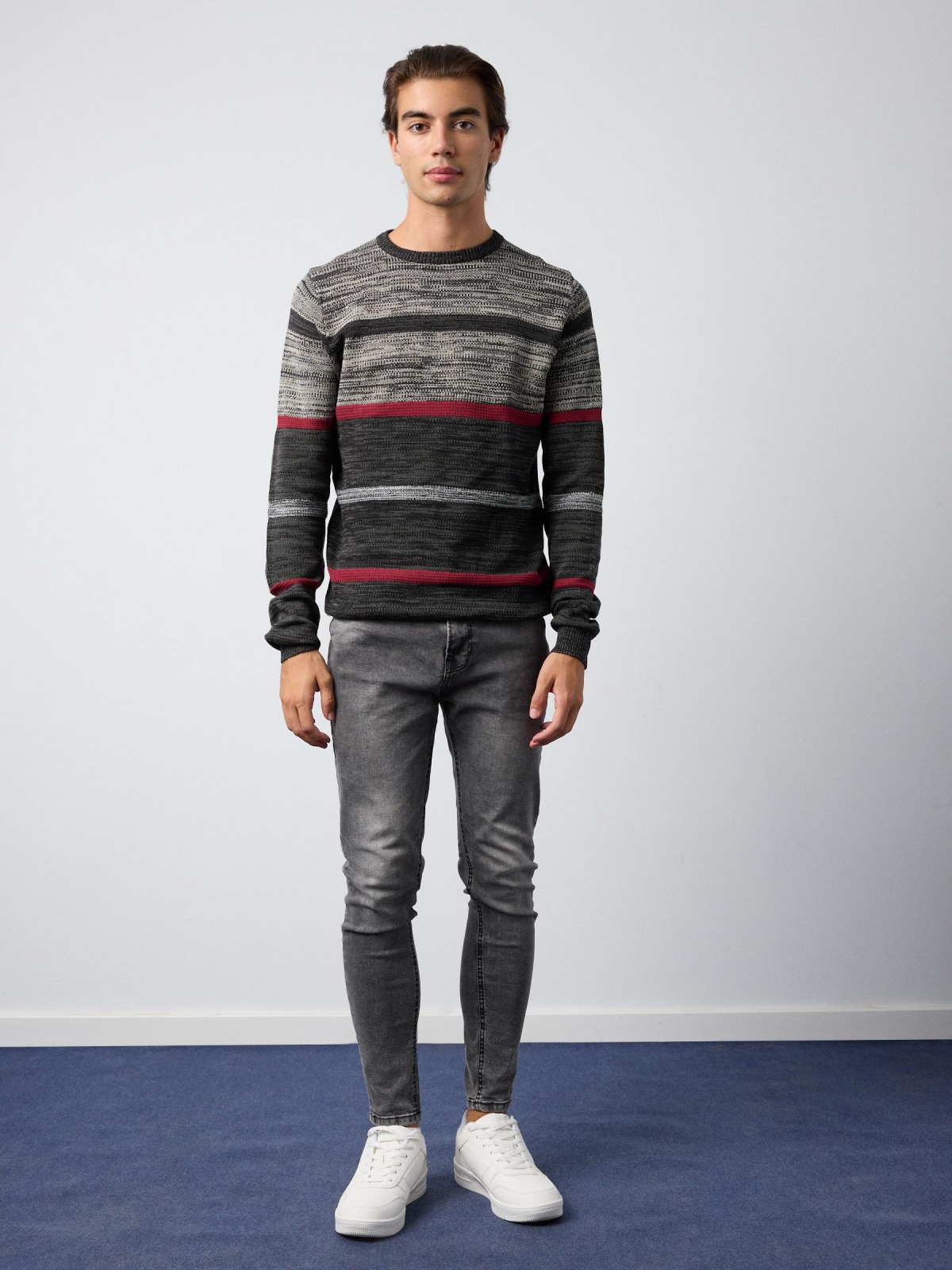 Striped flecked sweater dark grey front view