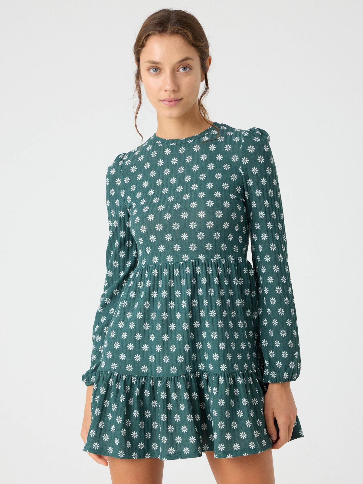 Vestido canalé print margaritas verde oscuro vista media frontal
